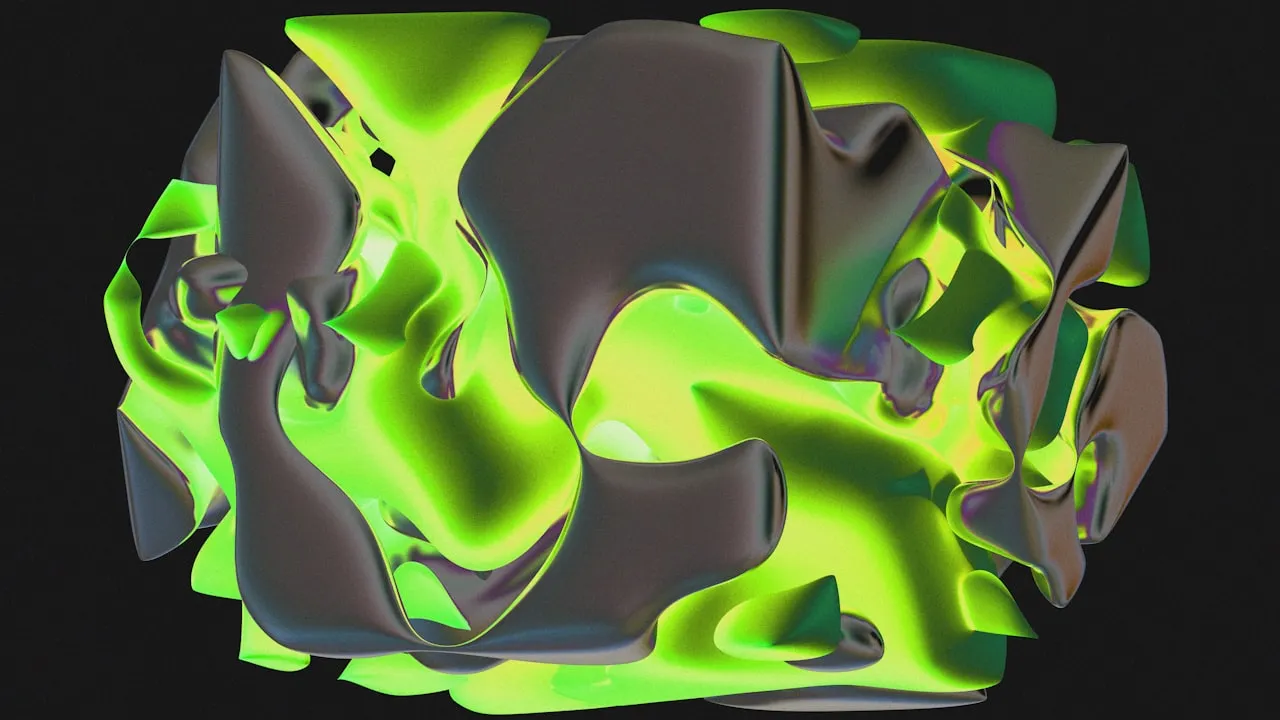 Abstract 3D rendered forms with swirling green and gray shapes on a dark background, demonstrating digital sculpture output from tools like Blender.