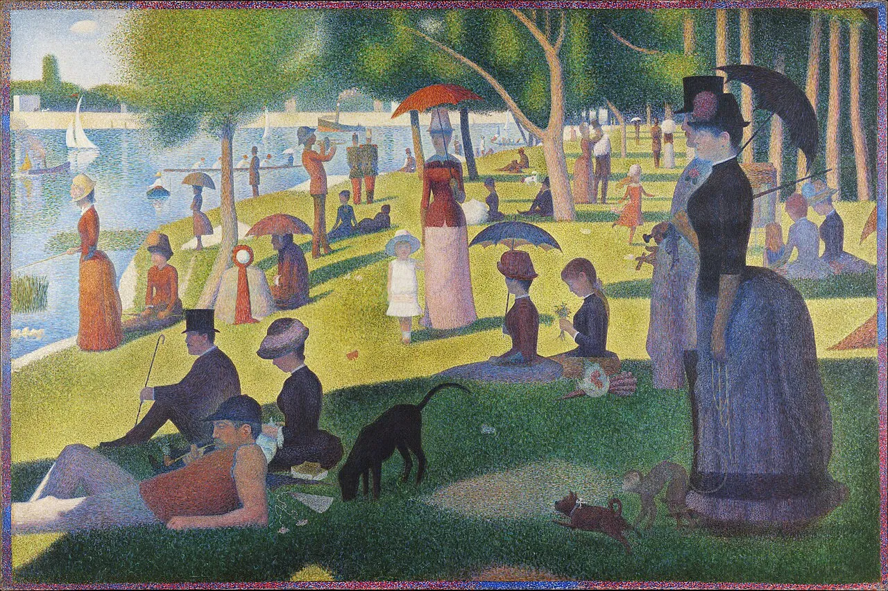 A Sunday on La Grande Jatte by Georges Seurat, 1886, Art Institute of Chicago. The full painting showing figures arranged along the Seine in Sunday afternoon leisure, painted in small dots of pure color.