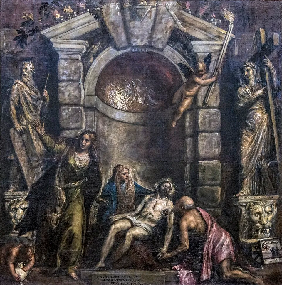 Titian, Pietà (c. 1576). A dark, loose-brushed depiction of the dead Christ supported by the Virgin Mary and a kneeling figure, with an aging self-portrait of Titian as Nicodemus, demonstrating the artist's late style of thick impasto and reduced palette