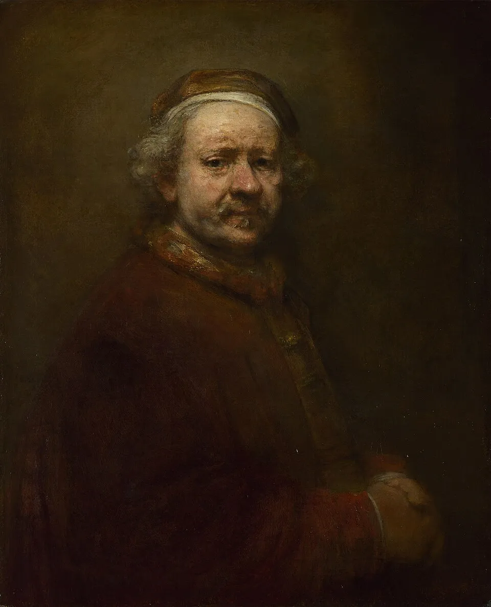 Rembrandt van Rijn, Self-Portrait (1669). An aging artist with deep wrinkles, wispy white hair, and weary eyes, looking directly at the viewer with unflinching honesty, Rembrandt's last self-portrait, painted in the year of his death