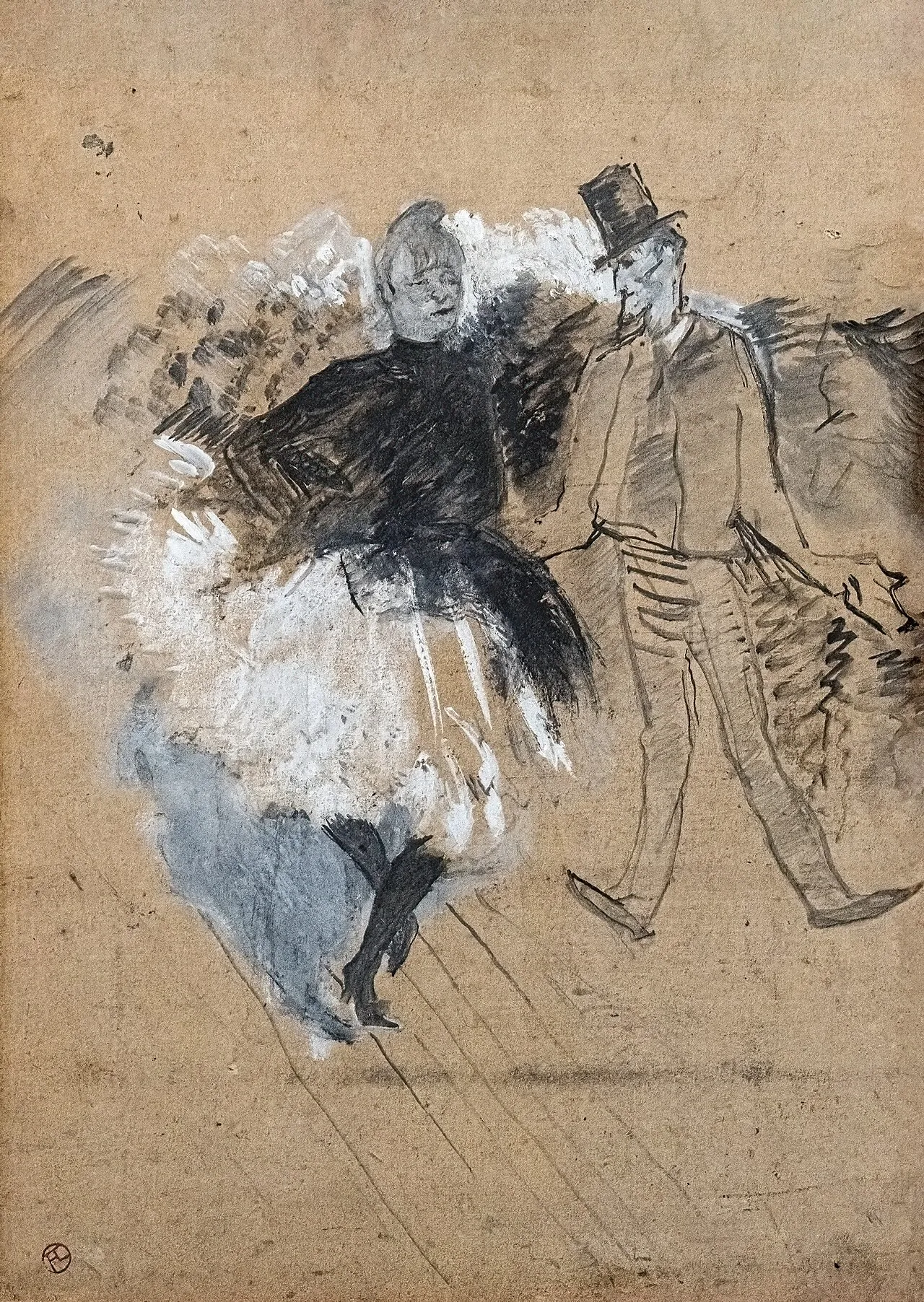 Moulin Rouge: La Goulue (1891) poster by Henri de Toulouse-Lautrec showing the dancer La Goulue on stage at the Moulin Rouge with silhouetted crowd in foreground and dark figures in the background against yellow light, in flat Japanese-influenced style