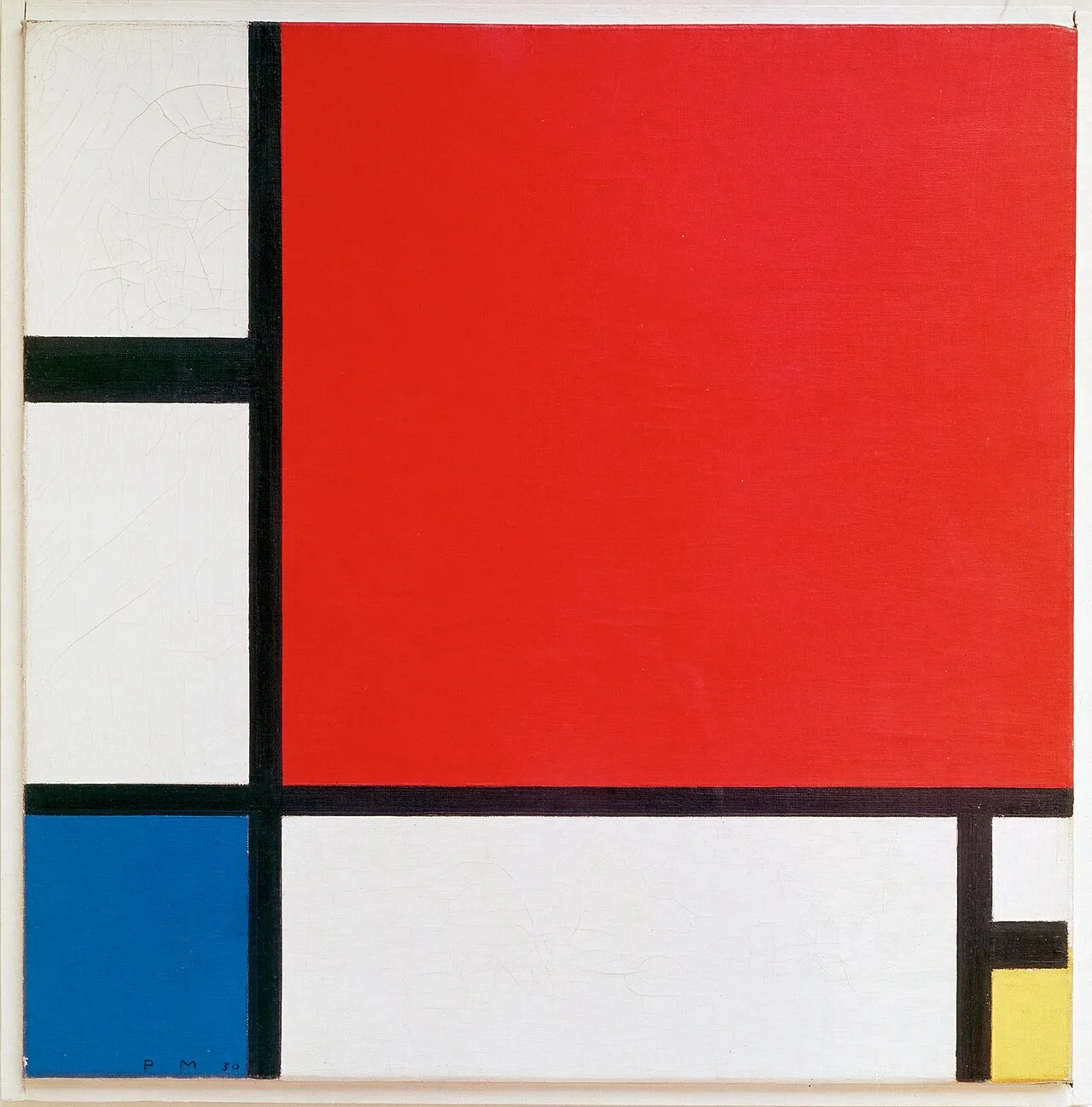 Composition II in Red, Blue, and Yellow (1930) by Piet Mondrian showing his signature grid of black lines with rectangles of primary colors and white against white background