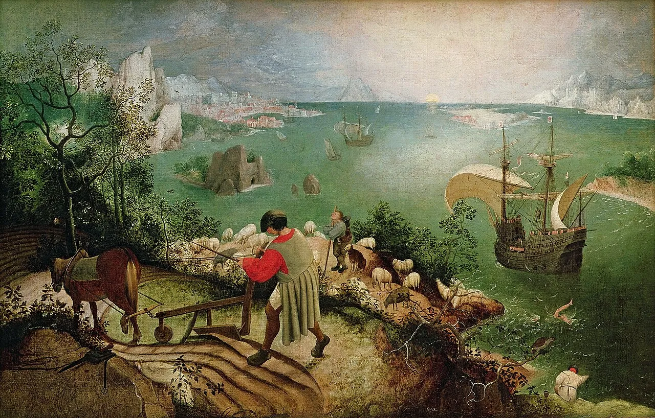 Landscape with the Fall of Icarus (c.1560) attributed to Pieter Bruegel the Elder showing a busy coastal landscape with a ploughman in the foreground and ships in the harbor while Icarus falls largely unnoticed into the sea in the lower right corner