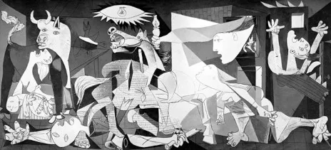 Guernica (1937) by Pablo Picasso, oil on canvas 349 x 776 cm, showing the suffering of the bombing of Guernica with fragmented black and white figures of a bull, a screaming horse, broken bodies, a mother with dead child, and a lamp held above the scene