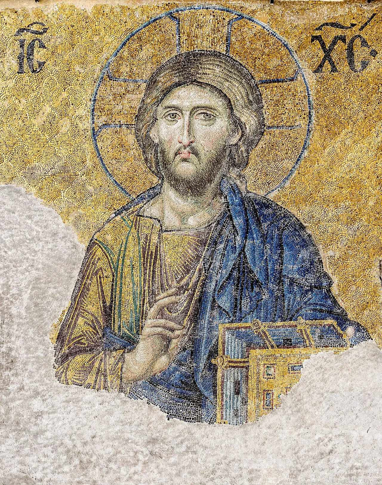 Christ Pantocrator mosaic from the Hagia Sophia in Constantinople (Istanbul) showing the Byzantine icon of Christ as ruler of all, with gold background and formal frontal pose characteristic of Byzantine sacred art