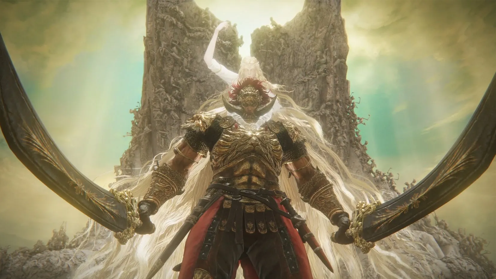Screenshot from Elden Ring: Shadow of the Erdtree showing the final boss encounter with Miquella and Radahn in a vast ruined landscape, demonstrating FromSoftware's gothic architectural art direction