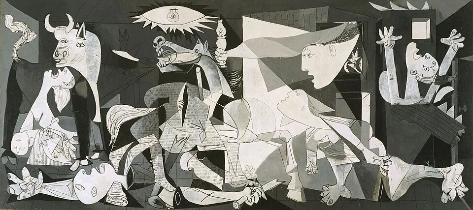 Guernica by Pablo Picasso, a monumental anti-war painting in black, white and gray depicting the bombing of the Basque town of Guernica during the Spanish Civil War