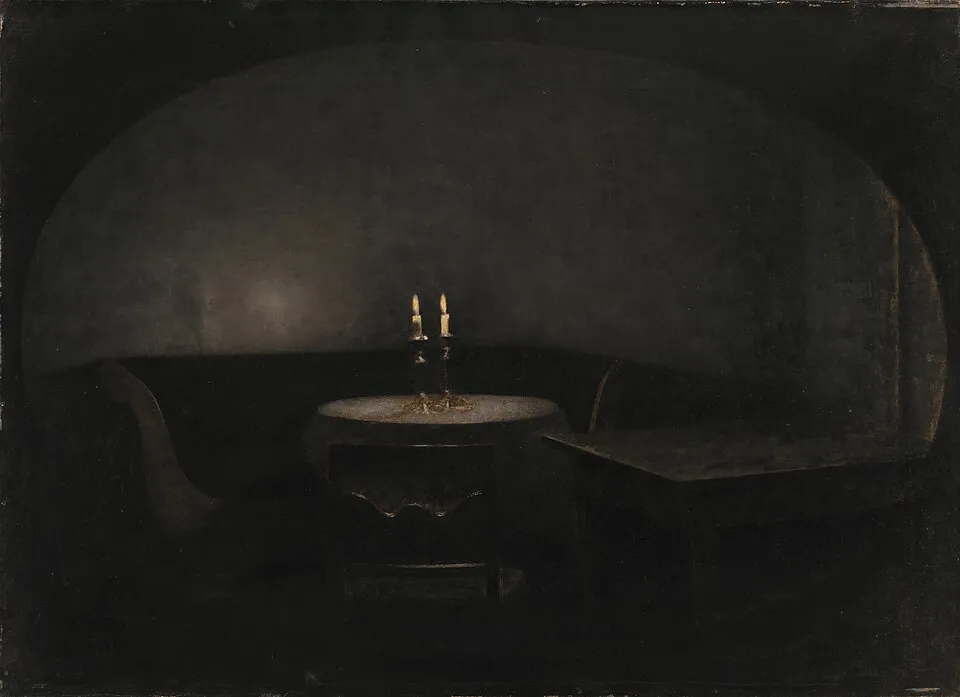 Vilhelm Hammershoi's Interior Artificial Light 1909, a small room with art on the wall, showing how framing and placement create intimacy and focus in a compact space