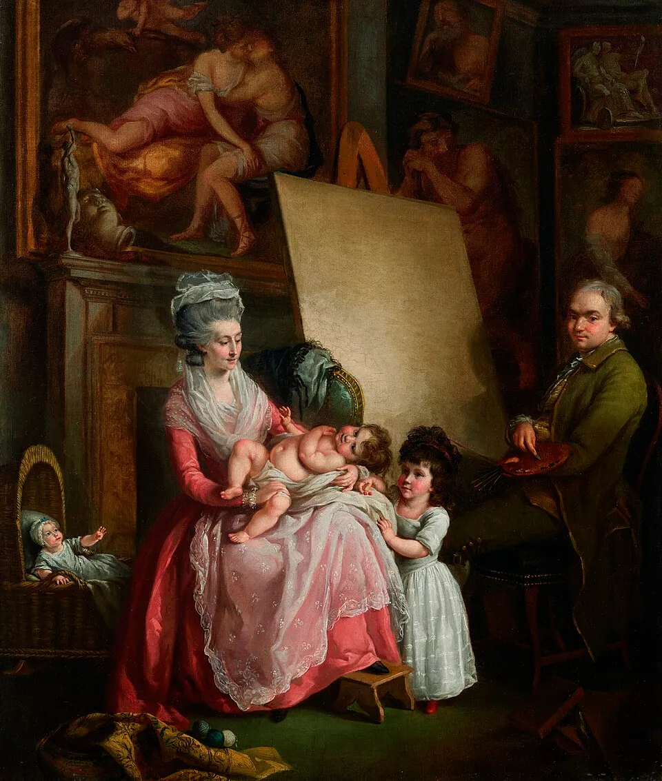 18th-century portrait by John Francis Rigaud showing the artist at his easel in his studio with his family, representing the tradition of artist studios
