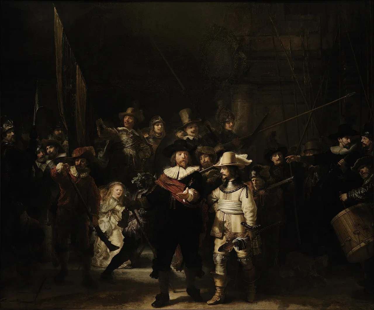 The Night Watch (1642) by Rembrandt van Rijn showing the civic guard company of Captain Frans Banninck Cocq marching out in dramatic light and shadow with figures at different depths