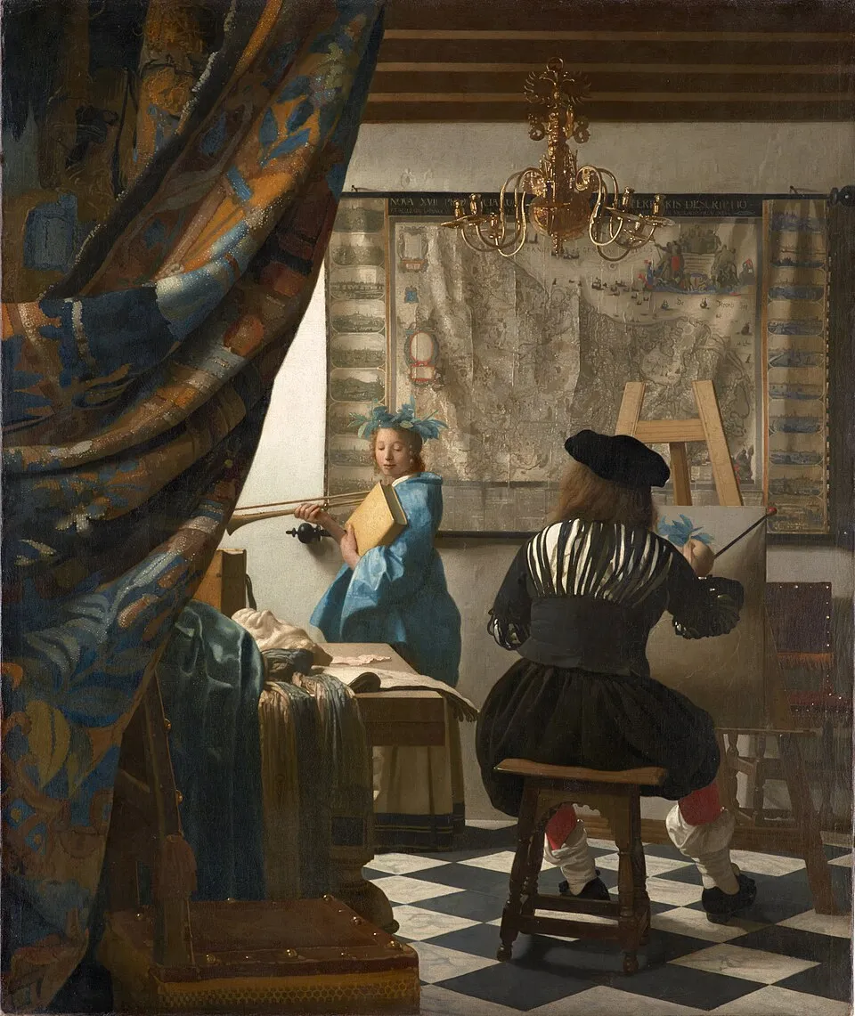 Johannes Vermeer's The Art of Painting (c. 1666-1668), showing a painter at his easel painting Clio, the muse of history, the kind of Vermeer masterpiece whose optical precision is tested in the documentary Tim's Vermeer (2013)