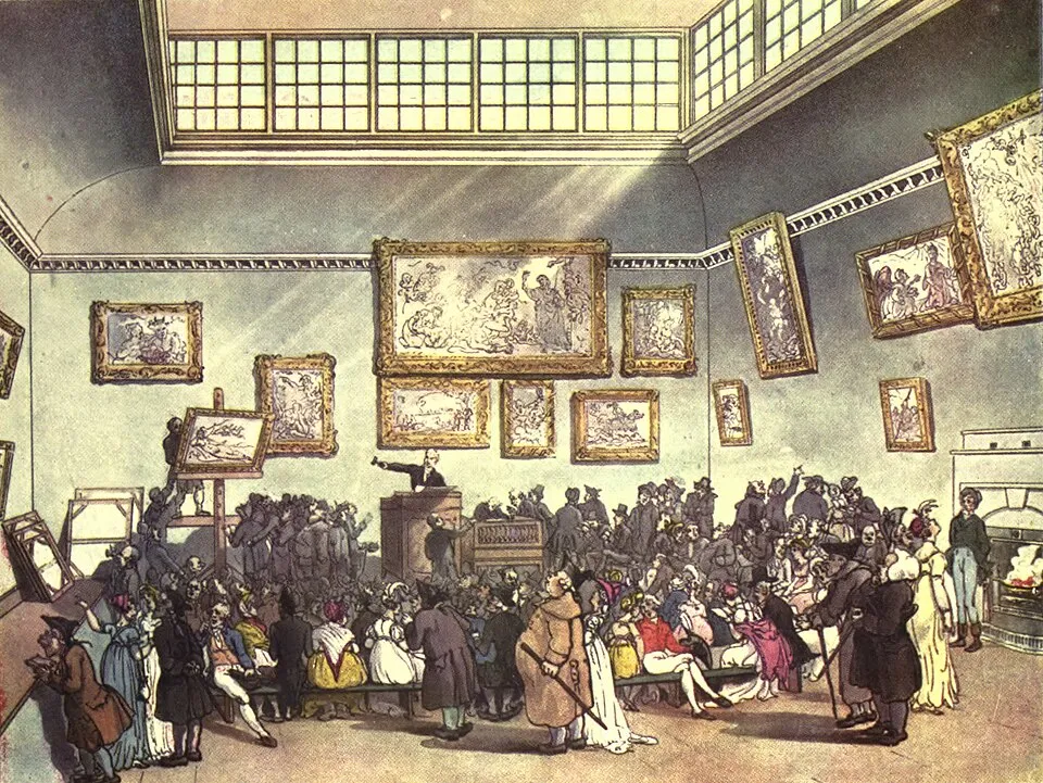 Historic view of Christie's auction room in London, showing a crowded 19th-century art auction in progress