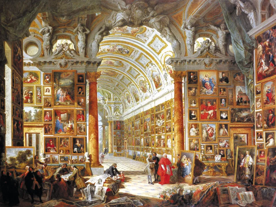 18th-century painting by Giovanni Paolo Pannini showing a grand gallery interior filled with paintings and sculptures, representing the historical collecting tradition