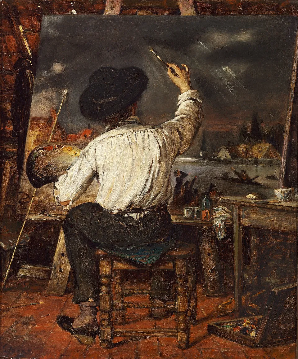 Eugène Joors painting of a painter at his easel, representing the disciplined practice that both art school and self-taught paths require