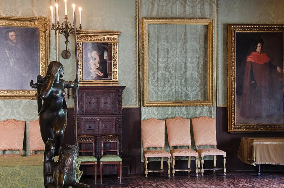 The empty frames at the Isabella Stewart Gardner Museum, the most famous empty frames in the world, hanging in the Dutch Room as silent witnesses to what was taken, awaiting the return of the 13 stolen artworks