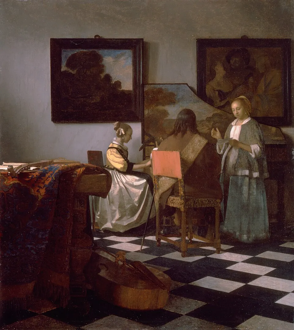 Johannes Vermeer's The Concert (c. 1664), one of only 34 known Vermeer paintings, stolen from the Isabella Stewart Gardner Museum in 1990 and still missing