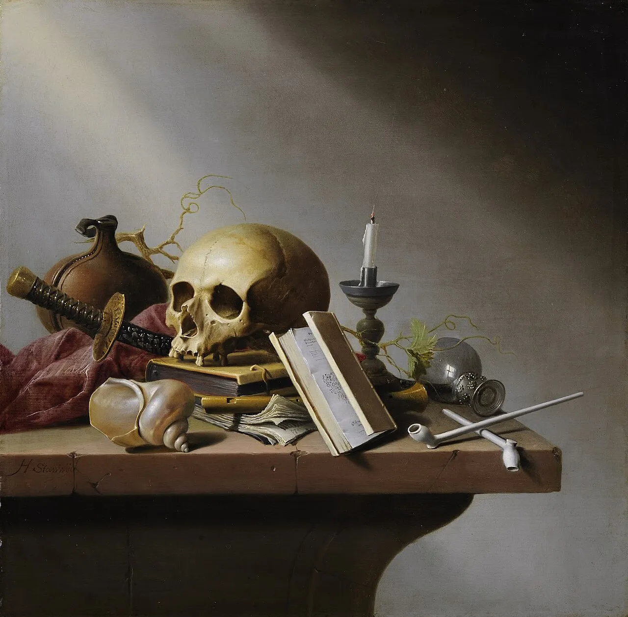 Harmen Steenwijck Vanitas still life painting c.1640 showing a skull, hourglass, books, and musical instruments on a table symbolizing the passage of time and mortality