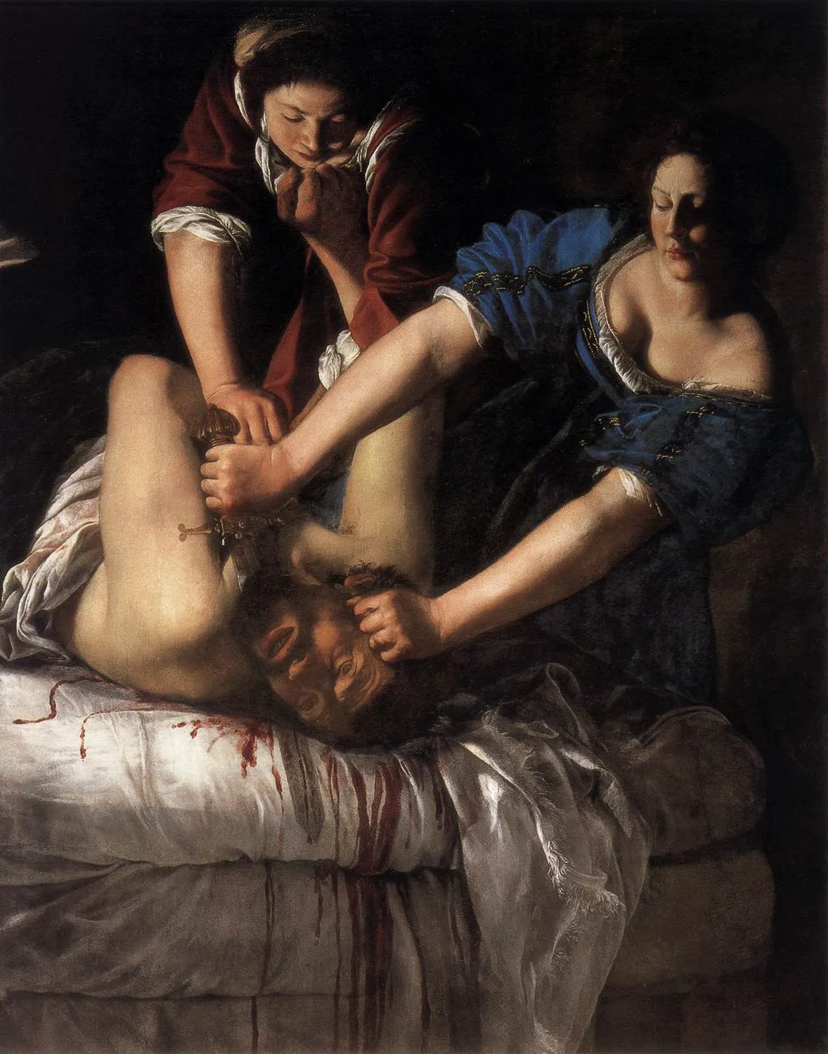Judith Slaying Holofernes (c.1614-20) by Artemisia Gentileschi showing Judith and her maidservant in the act of decapitating Holofernes, with dramatic Caravaggesque lighting against a dark background and blood spraying from the wound