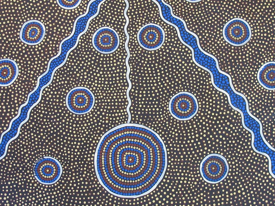 A Papunya Tula painting, the Western Desert art movement that began in 1971 when Geoffrey Bardon encouraged Aboriginal men to paint a school wall, leading to the first Aboriginal-owned collective dedicated to the production of works for a commercial market
