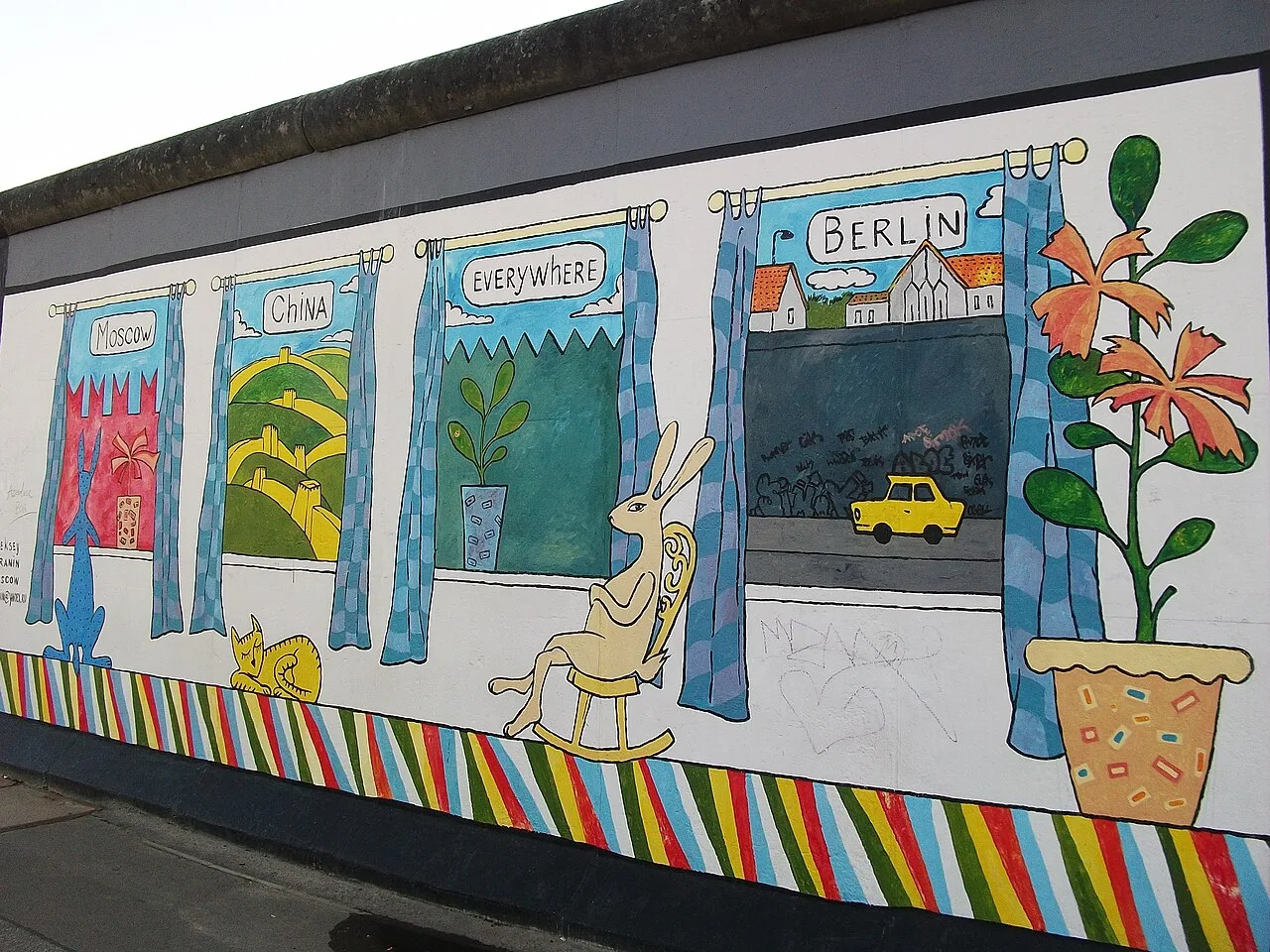 Street art on the East Side Gallery section of the Berlin Wall, showing colorful murals painted on the concrete wall that once divided the city, now transformed into one of Berlin's most visited cultural sites and a symbol of creative reinvention