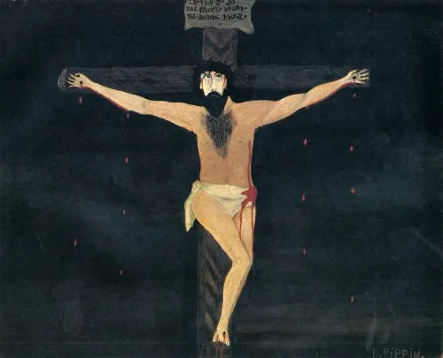 An illustration by Aaron Douglas from God's Trombones: Seven Negro Sermons in Verse by James Weldon Johnson (1927), demonstrating Douglas's signature style of boldly flattened silhouettes that occupied complexly fractured spaces overlaid with transparent layers of geometric atmosphere