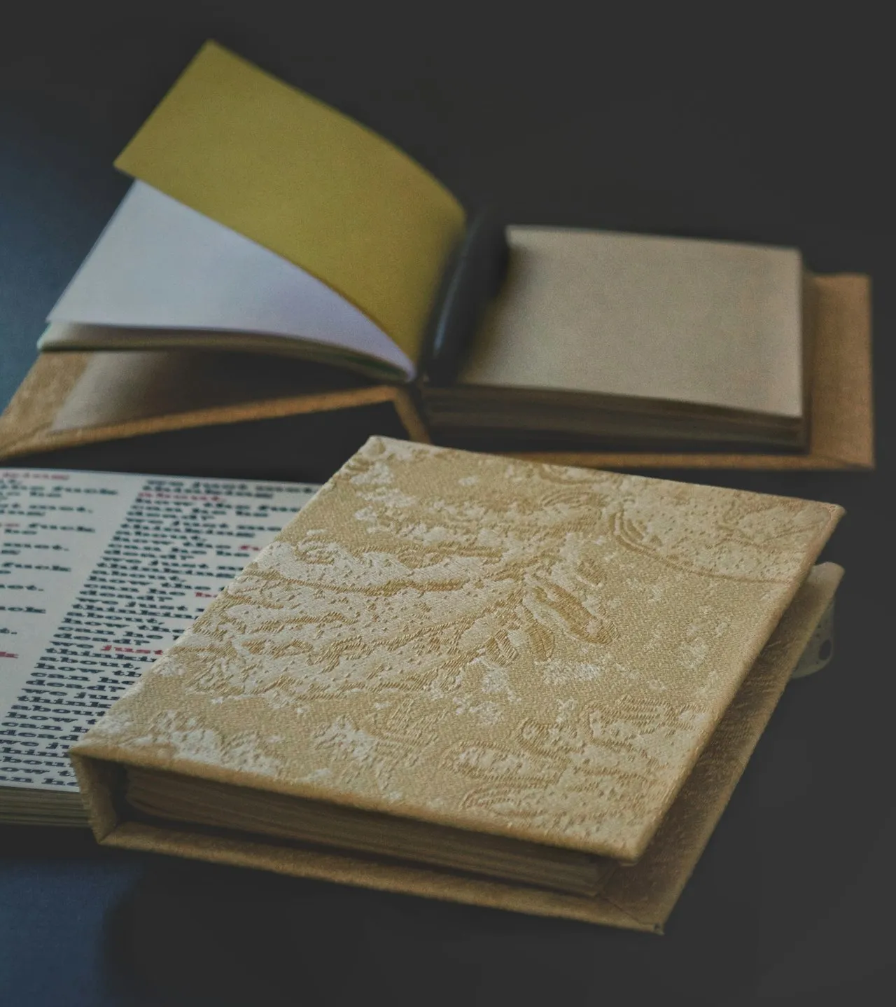 Handmade books with exposed Coptic stitch spines showing the distinctive chain stitch pattern along the spine of handbound journals