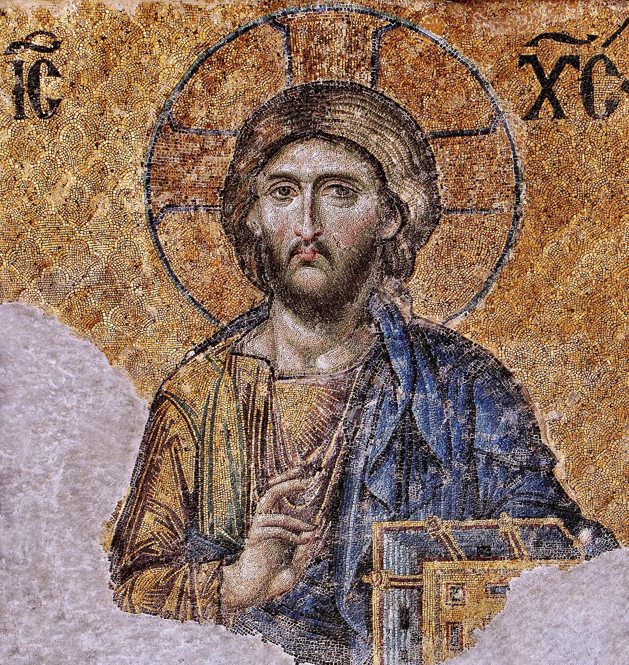 Christ Pantocrator mosaic from Hagia Sophia, Istanbul, 9th to 10th century, showing Christ as ruler of the universe with a gold-haloed face and stylized features