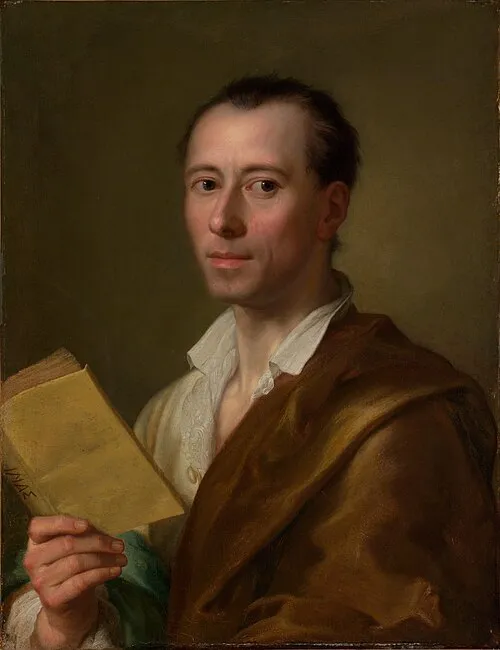 Portrait of Johann Joachim Winckelmann by Anton Raphael Mengs, showing the German archaeologist and art historian holding a copy of Homer's Iliad, with a classical bust in the background