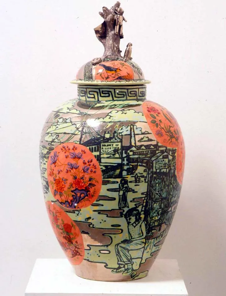 Grayson Perry, Barbaric Splendour (2003), a tall ceramic vase with layered decoration depicting contemporary scenes alongside traditional decorative motifs, from the Turner Prize winning body of work