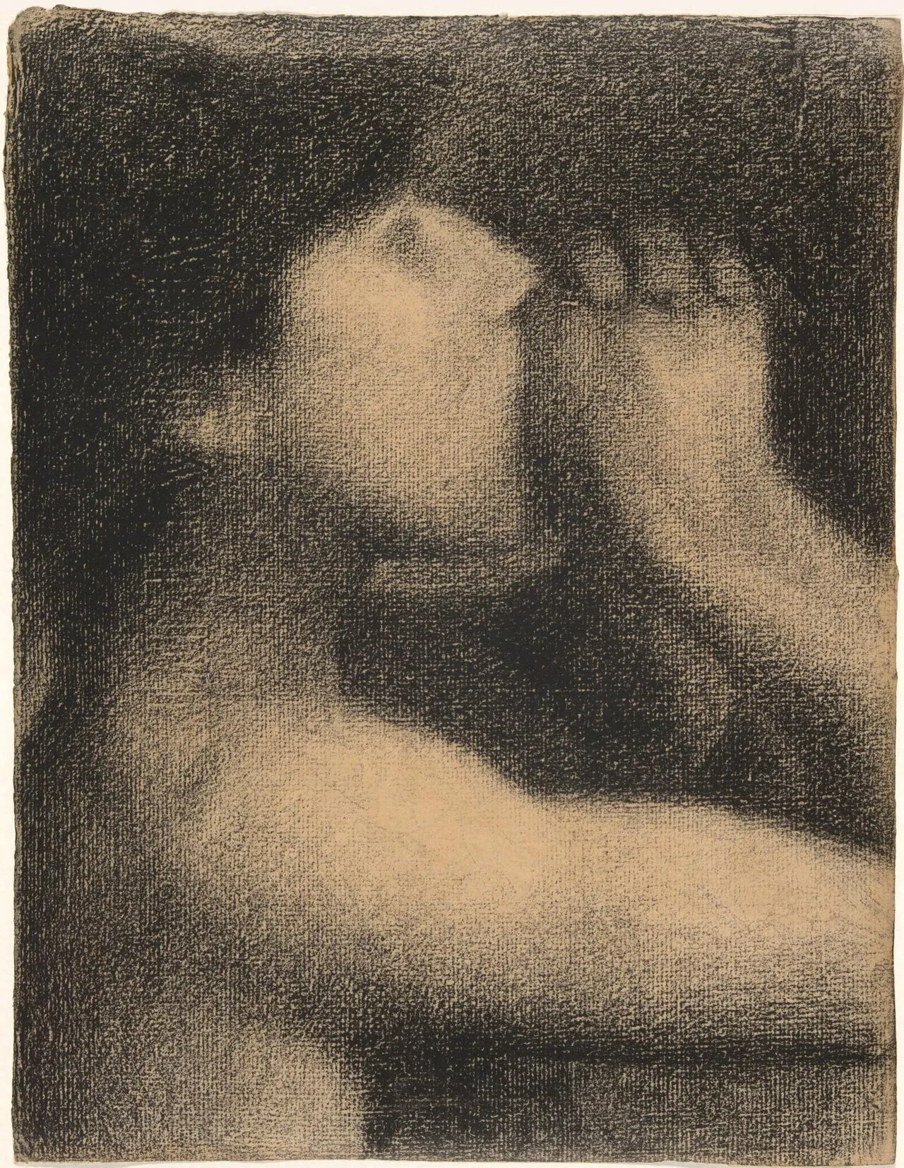 L'Echo (c. 1883) by Georges Seurat, a conte crayon drawing on textured paper showing a figure emerging from soft tonal values without a single outline, demonstrating the medium's tonal range