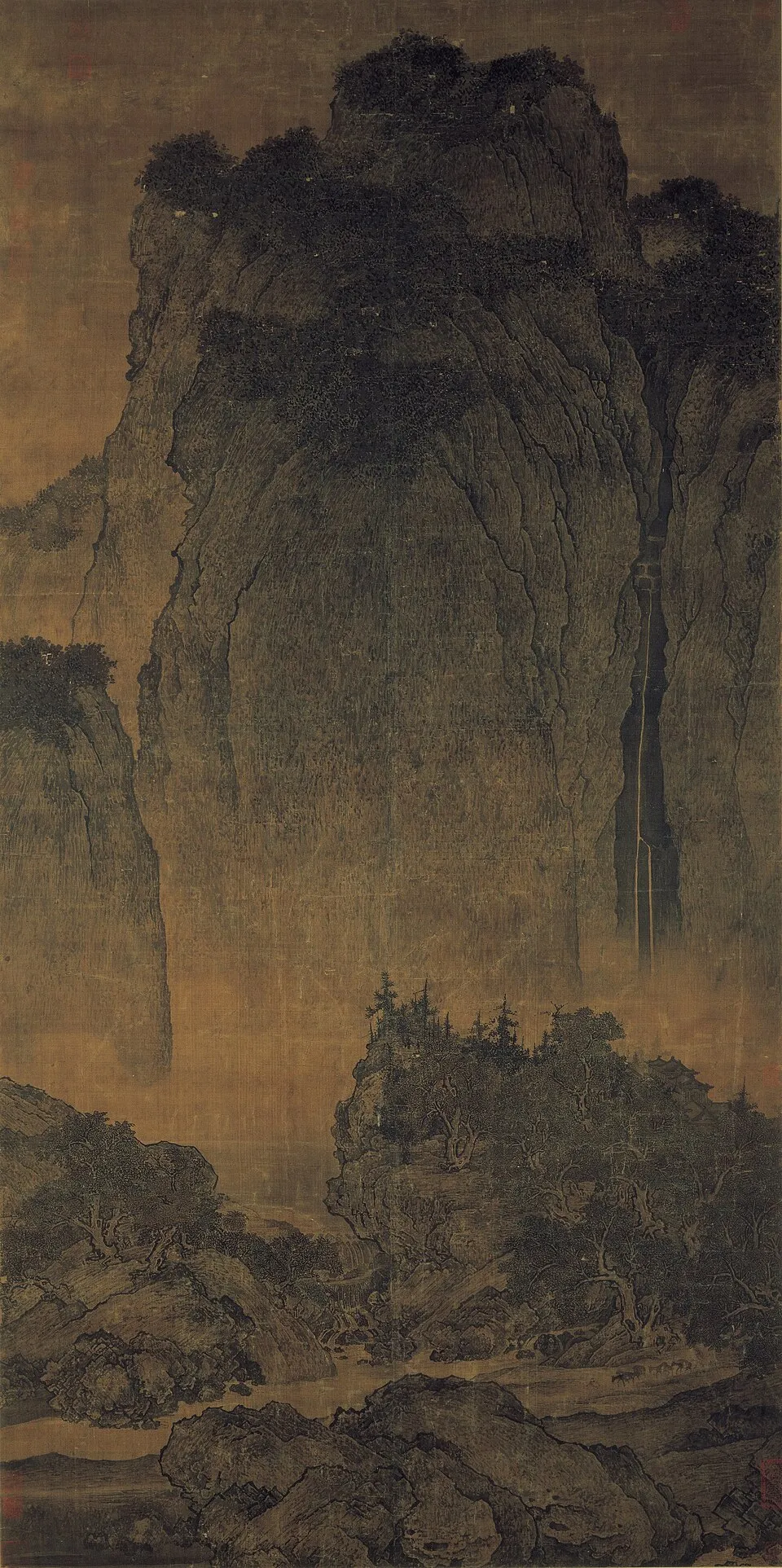 Fan Kuan, Travelers Among Mountains and Streams, c. 1000 AD, ink and slight color on silk, National Palace Museum, Taipei