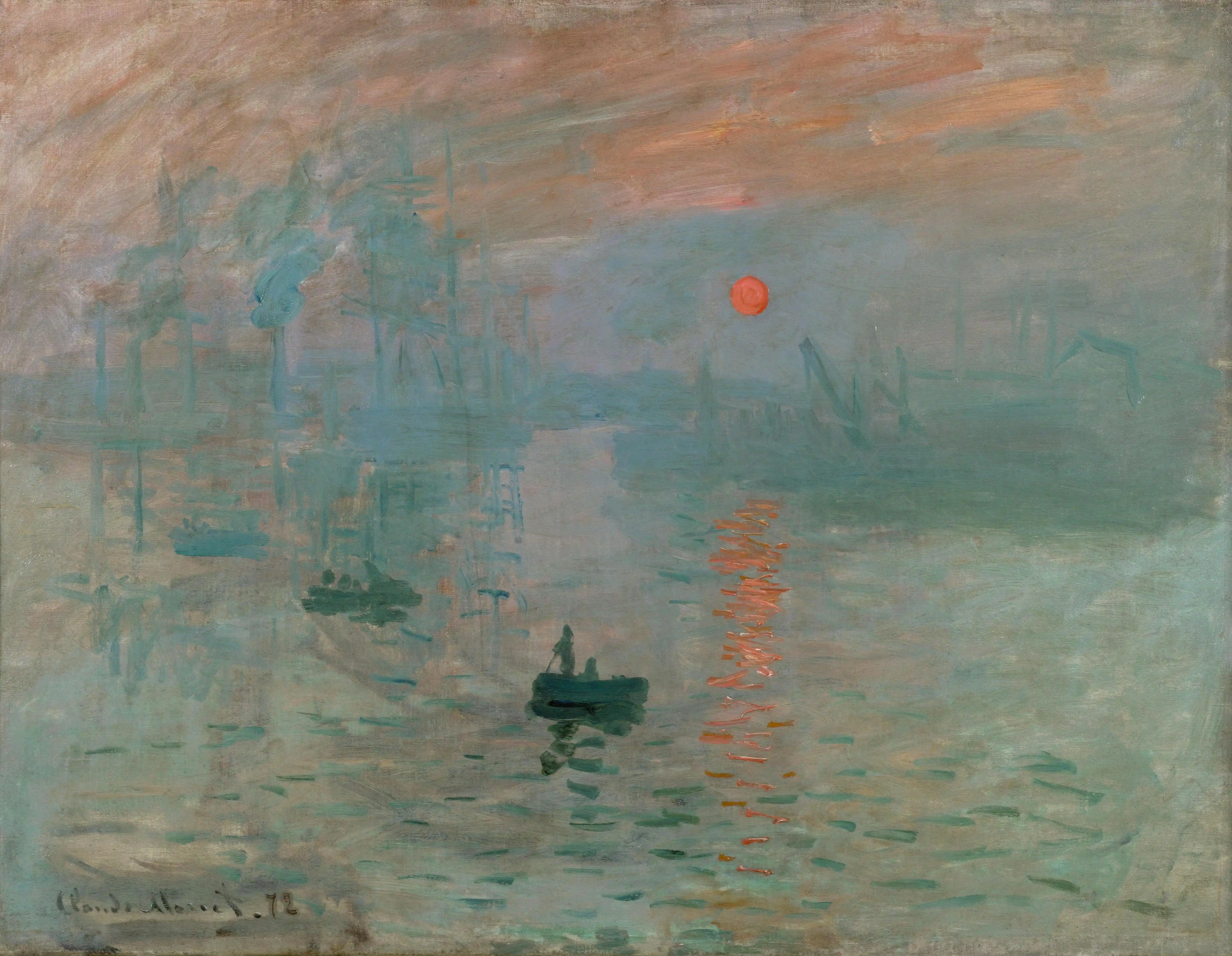 Impression, Sunrise (1872) by Claude Monet showing an orange sun reflected on misty blue-gray harbor water with small boats and industrial silhouettes in the background