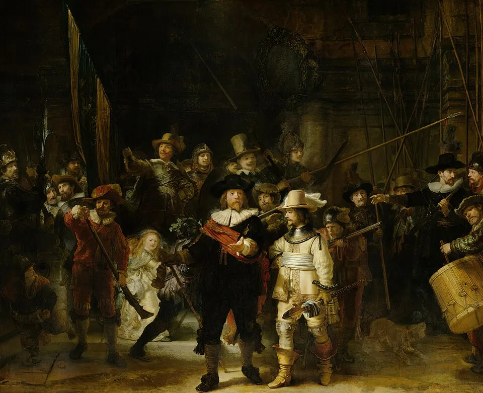 Rembrandt van Rijn, The Night Watch (1642). Captain Banninck Cocq in black with a red sash and his lieutenant in yellow with a white sash lead the civic guard company, whose varied clothing, from elaborate collars to simple jerkins, demonstrates the range of 17th-century Dutch militia dress