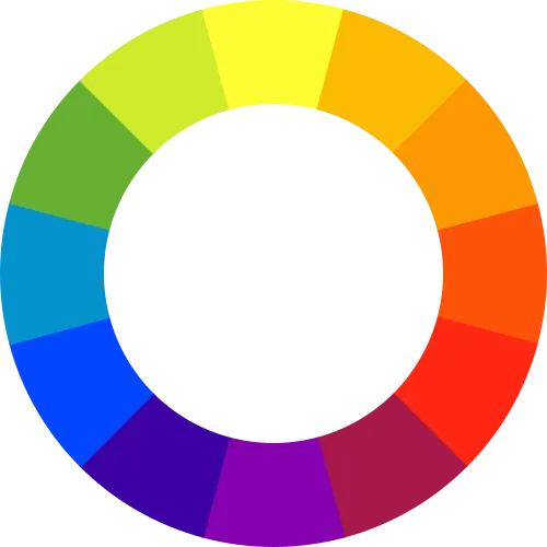 Traditional RYB color wheel showing primary colors (red, yellow, blue), secondary colors (orange, green, violet), and tertiary colors arranged in a circle