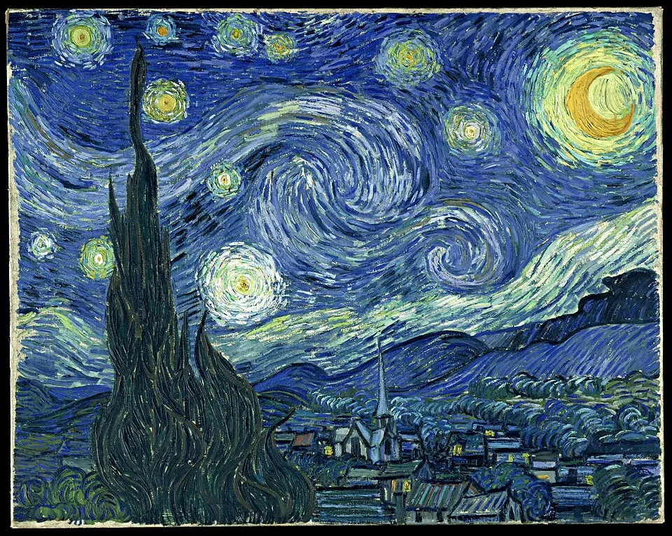 Starry Night Over the Rhône (1888) by Vincent van Gogh, showing deep blue night sky with bright yellow stars reflected in the Rhône river