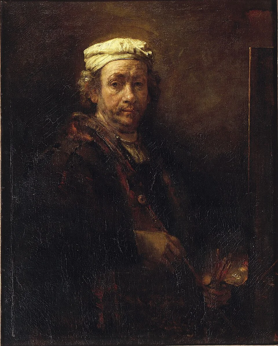 Rembrandt van Rijn, Self Portrait at the Easel, 1660, Louvre, showing the artist painting at his easel