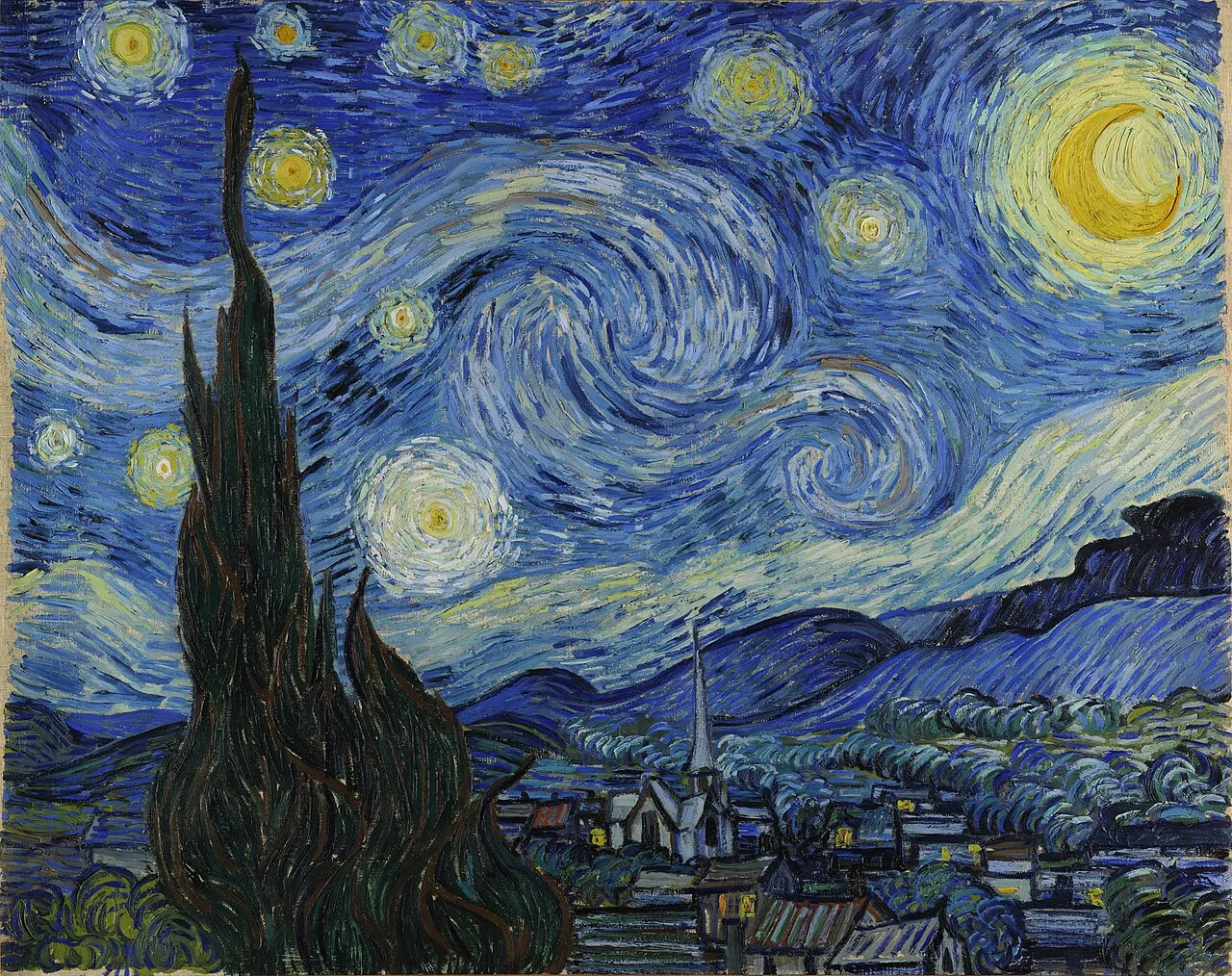 The Starry Night (1889) by Vincent van Gogh showing a swirling night sky with crescent moon and stars over a village with a prominent cypress tree in the foreground