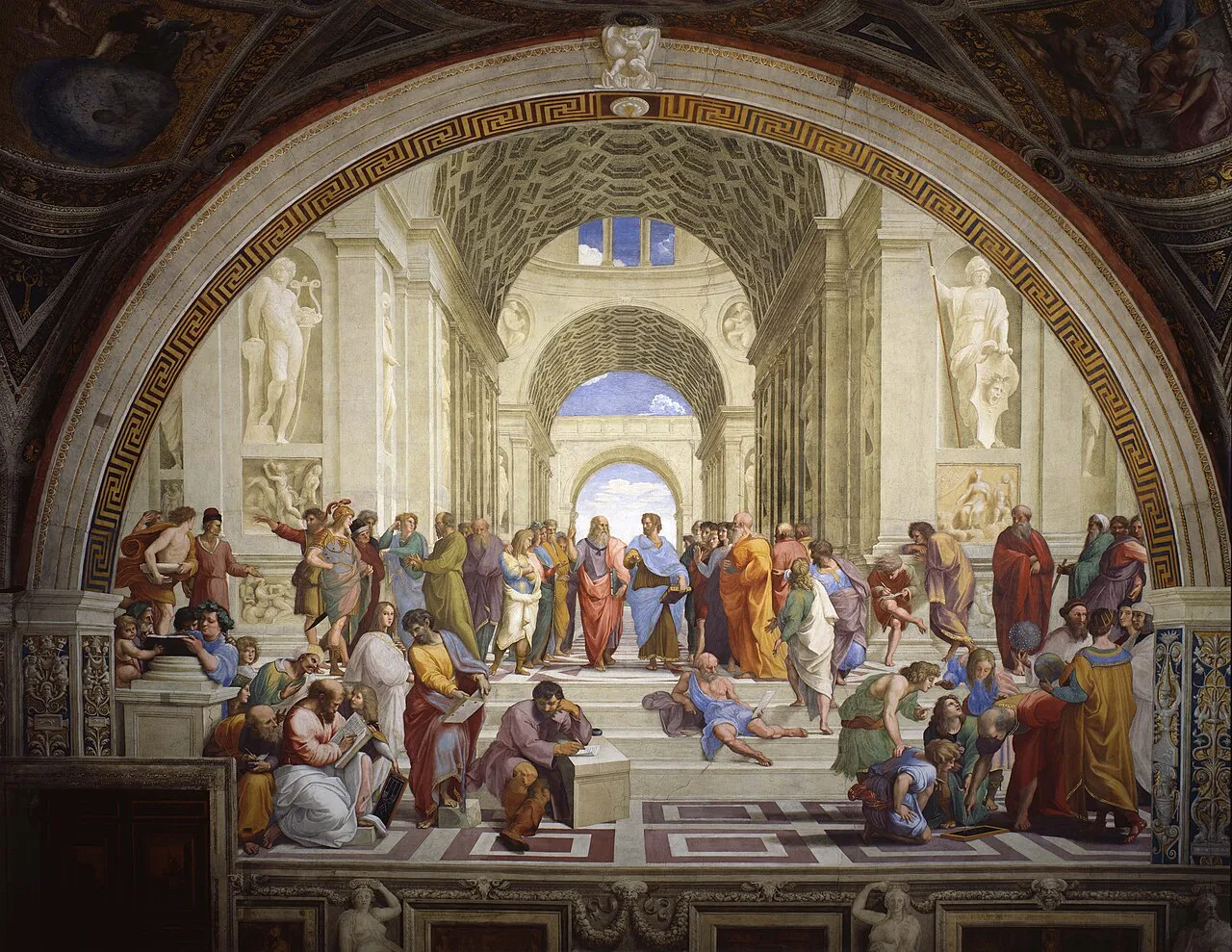 The School of Athens (1509-11) by Raphael showing an architectural hall filled with ancient Greek philosophers gathered in conversation, with Plato and Aristotle at the center