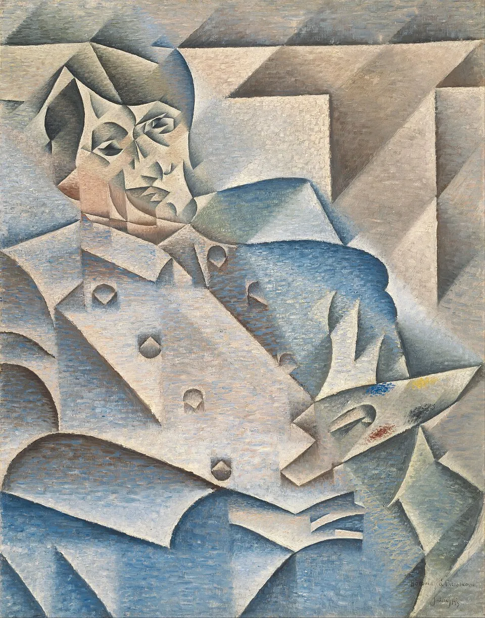 Portrait of Pablo Picasso (1912) by Juan Gris, showing Picasso's face and body fragmented into geometric planes and facets in the Analytic Cubist style
