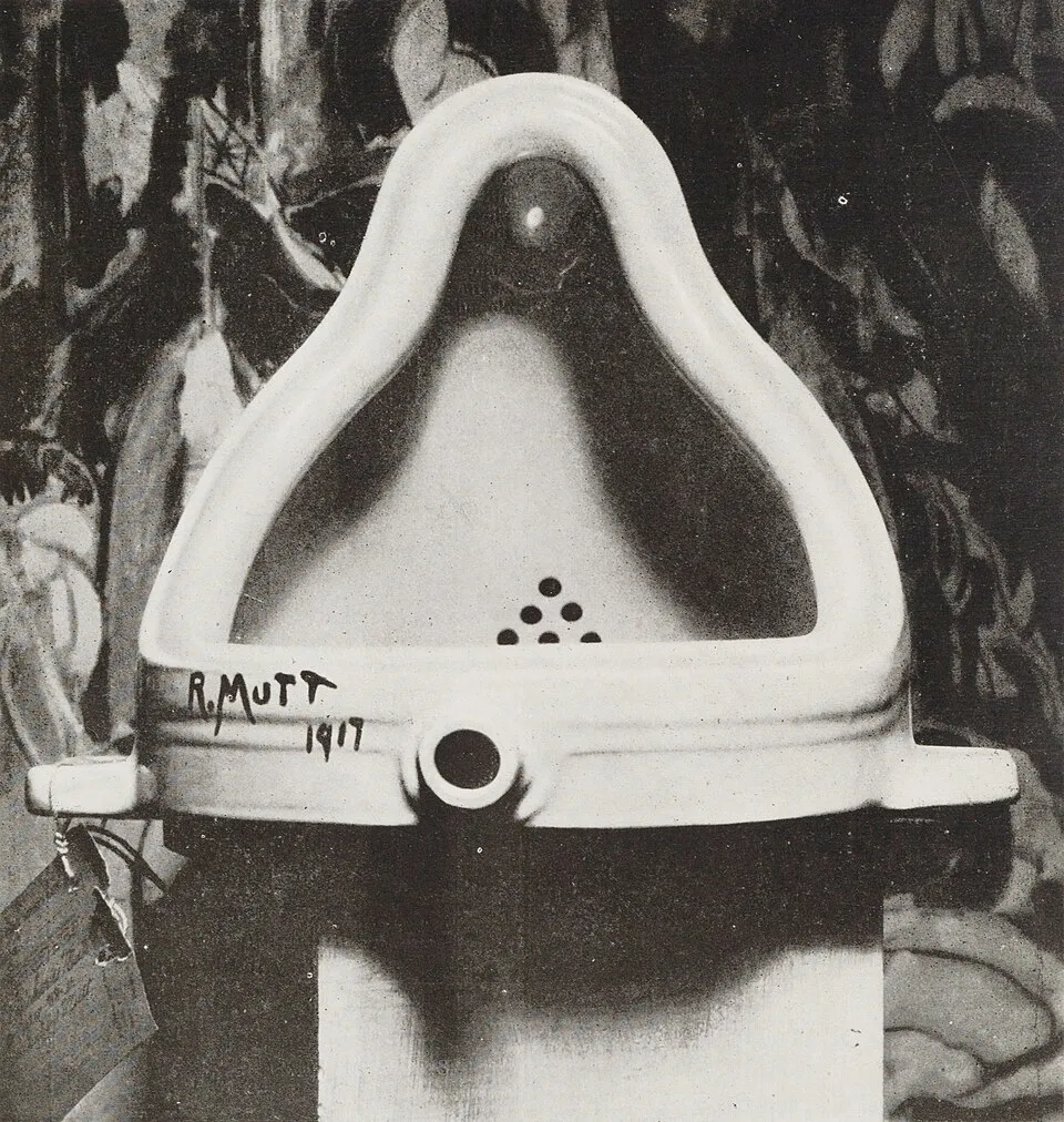 Marcel Duchamp, Fountain (1917). A porcelain urinal signed R. Mutt, photographed by Alfred Stieglitz for the Blind Man no. 2.