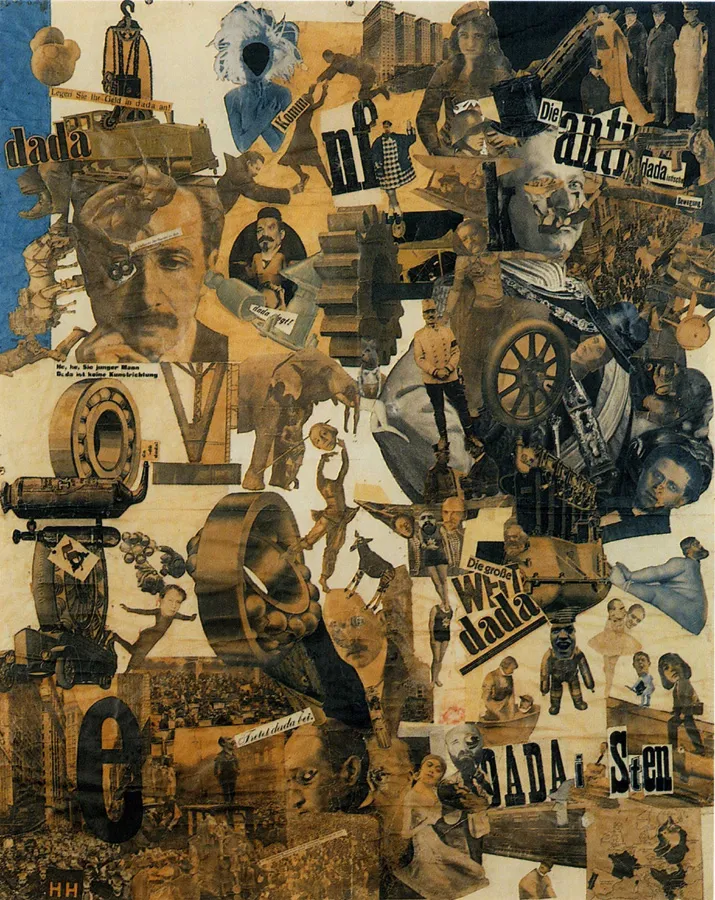 Hannah Hoch, Cut with the Kitchen Knife Dada Through the Last Weimar Beer-Belly Cultural Epoch in Germany (1919-20). A large photomontage with cut-out images of political figures, athletes, machinery, and Dada artists arranged in a chaotic composition.