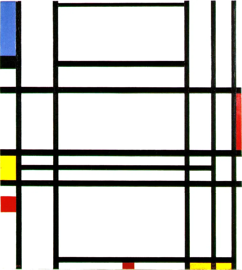 Piet Mondrian, Composition No. 10, 1939-42. A grid of black lines with small blocks of red, blue, and yellow on a white field, with one large red block dominating the upper right.