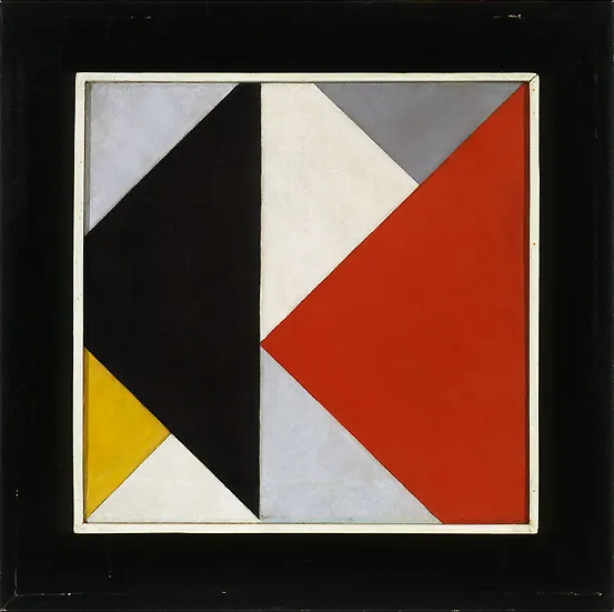 Theo van Doesburg, Counter-Composition, 1924. A composition of colored rectangles tilted at 45 degrees, breaking Mondrian's strict horizontal-vertical rule.