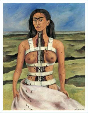 Frida Kahlo, The Broken Column (1944). A self-portrait of Kahlo split open down the torso, revealing a shattered Ionic column in place of her spine, wearing a steel orthopedic corset, with nails piercing her body and tears on her cheeks