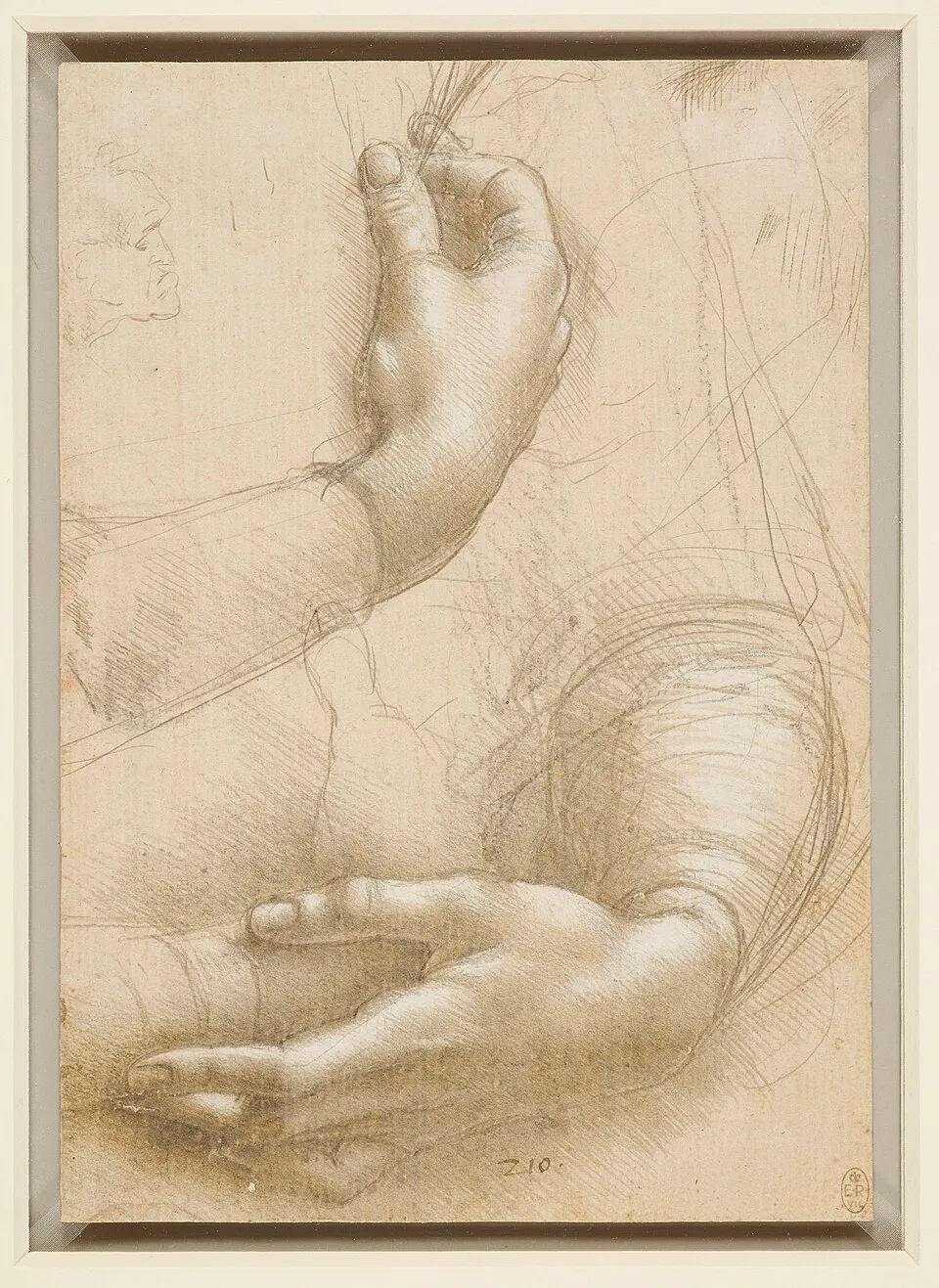 Leonardo da Vinci's Study of a Woman's Hands (c. 1490), a silverpoint drawing demonstrating the precision that comes from thousands of hours of daily drawing practice, with Leonardo's surviving drawings numbering over 4,000, each one a record of consistent, daily observation