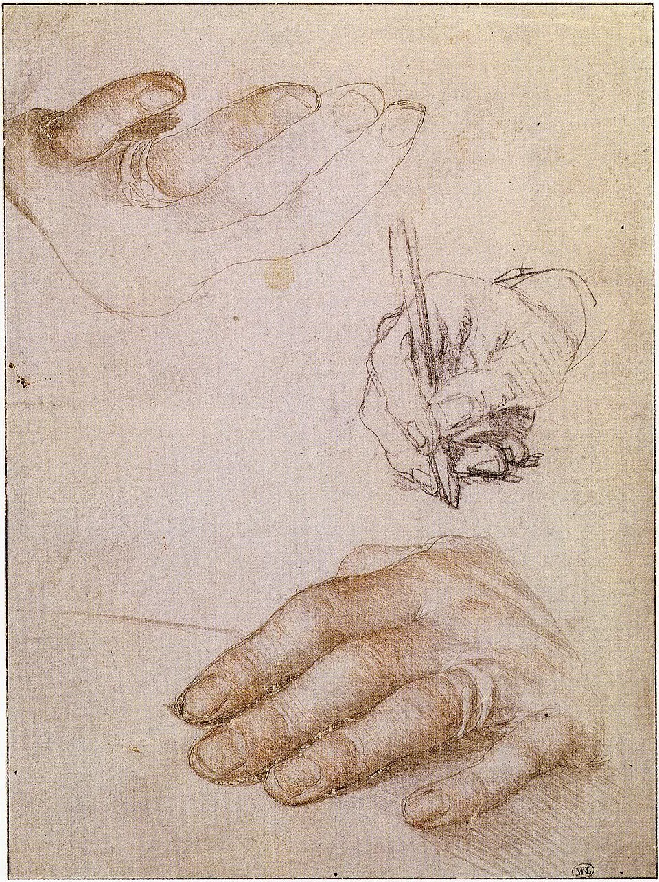 Hans Holbein the Younger's Studies of the Hands of Erasmus, silverpoint, black crayon, and red chalk on grey-primed paper, 20.6 x 15.3 cm, Louvre, a study for Holbein's portrait of Erasmus, demonstrating that even the greatest portrait painters practiced drawing hands separately before incorporating them into finished paintings