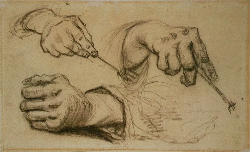 Vincent van Gogh's Studies of Hands (March 1885), studies for The Potato Eaters, demonstrating that Van Gogh, like Leonardo, practiced drawing daily, filling sketchbooks with studies of hands, faces, and figures before attempting major paintings