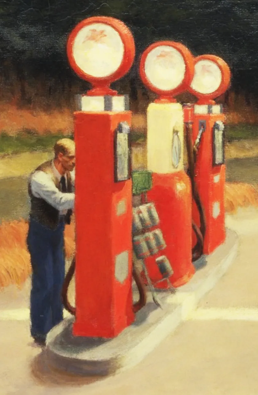 Gas (1940) by Edward Hopper showing a lone gas station attendant at three red gas pumps on a quiet road at dusk, with dense forest behind the station