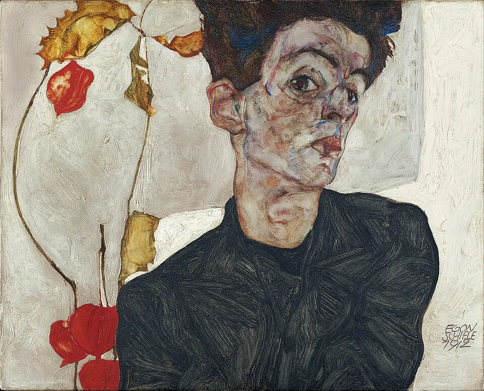 Egon Schiele, Self-Portrait with Physalis (1912). Oil on wood panel. Schiele depicts himself with an intense, self-scrutinizing gaze against an abstract orange background, with the physalis (Chinese lantern plant) held prominently.