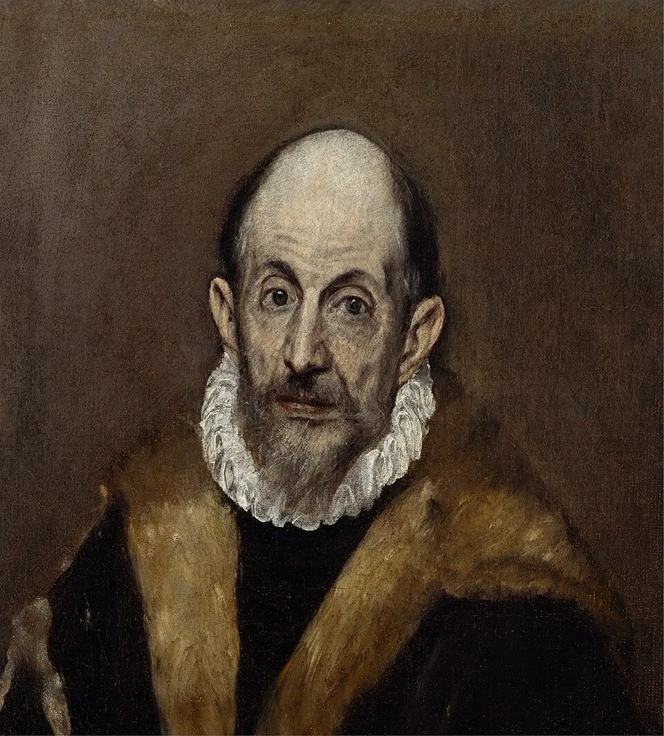 El Greco, Portrait of a Man (c.1595-1600). Oil on canvas. Dark background with intense characterization of the sitter's face and a ruff collar typical of late 16th-century Spanish dress.
